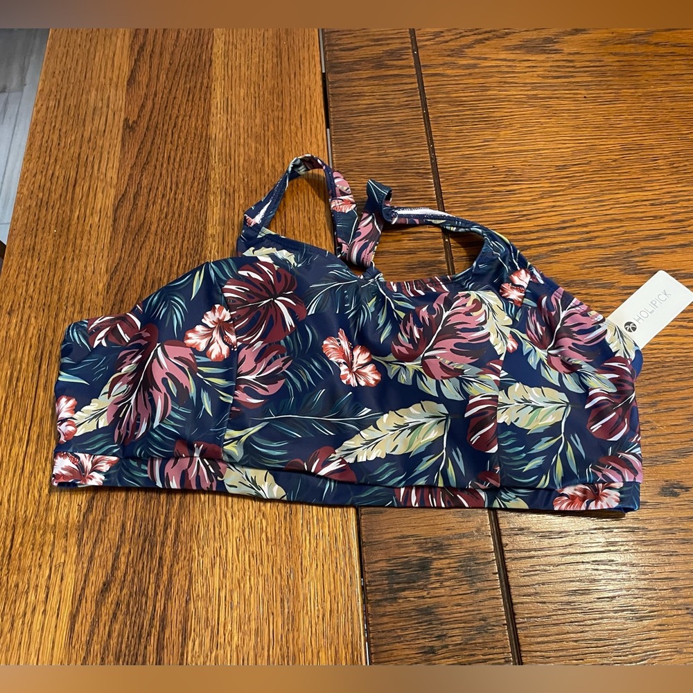 Navy Floral Bikini Top with Pink & Cream Leaves
